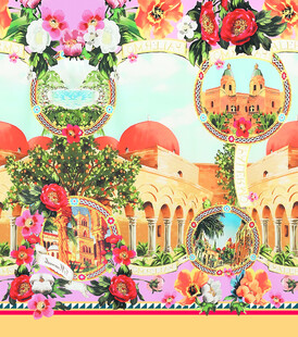 浪漫花卉与建筑图案 数码印花 