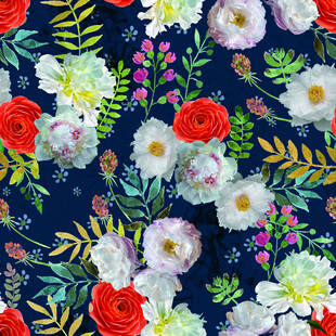 深蓝色底多彩花卉图案