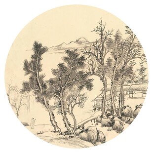 新中式水墨山水圆形装饰画