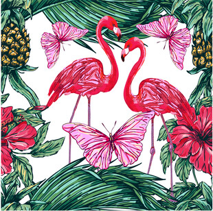 火烈鸟与花卉的热带风情数码印花