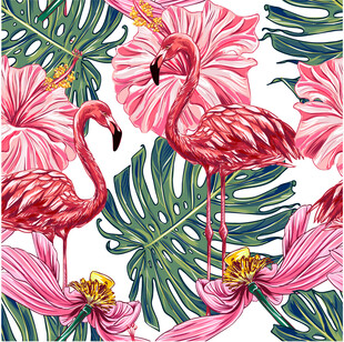 火烈鸟与热带花卉图案数码印花
