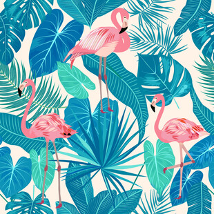 火烈鸟与热带植物图案数码印花
