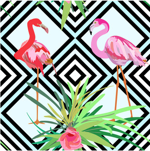 火烈鸟与植物几何图案数码印花