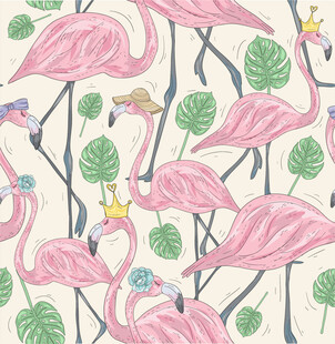 粉色火烈鸟与绿植图案数码印花