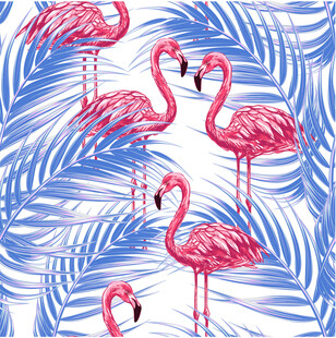 火烈鸟与蓝叶的梦幻图案数码印花