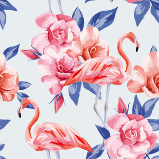 火烈鸟与花卉的唯美图案数码印花