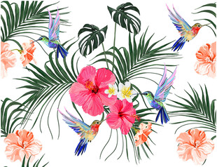 热带花卉与蜂鸟图案数码印花