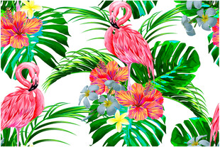 火烈鸟与热带花卉图案数码印花