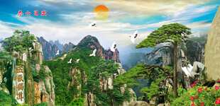 泰山迎客松风景画