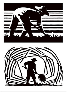 农民田间劳作黑白剪影