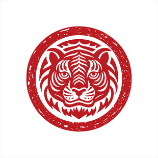 圆形红底老虎剪纸图案