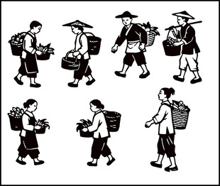 古代挑担行人插画