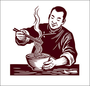 男子惬意享用一碗热气面条