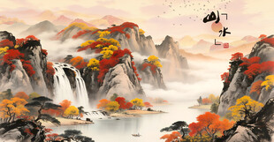 秋景山水国画