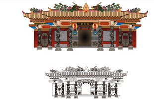 中式传统老爷庙建筑潮汕拜神明庙