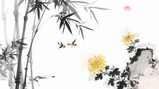 国画水墨竹石图