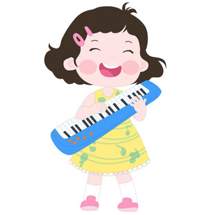 抱着电子钢琴开心歌唱的女孩插画