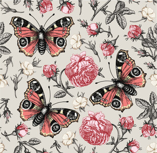 花卉蝴蝶图案印花面料四方连续