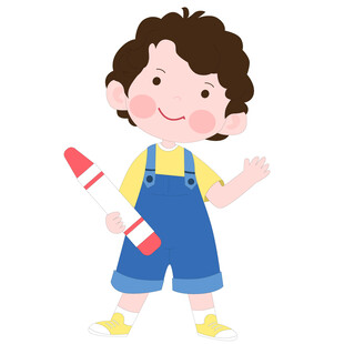 开学季穿着背带裤拿着画笔的男孩