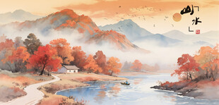 秋日山水写意风光图