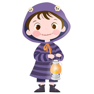 万圣节穿骷髅服装拿灯的可爱男孩