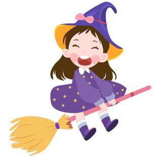 万圣节骑扫帚飞行的女巫儿童插画