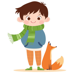 卡通风秋季和狐狸玩耍的可爱男孩