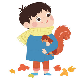 卡通风秋季抱着松鼠玩耍的男孩