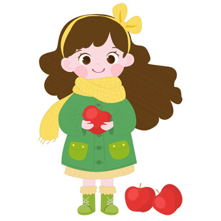 卡通秋季穿厚外套抱苹果的女孩