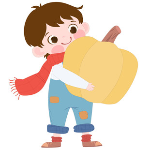 卡通秋天穿背带裤抱南瓜的男孩