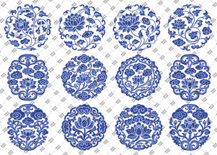 青花瓷荷花图案线稿矢量图