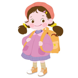 卡通风背书包戴帽子去上学的女孩