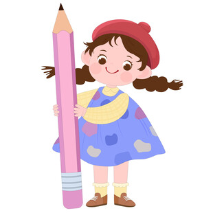 卡通拿着铅笔开心可爱穿裙子女孩
