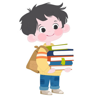 卡通拿着一摞书开心去上学男孩