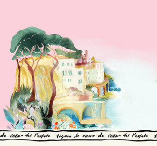 梦幻手绘风的海边小镇景观