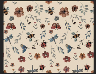 复古花卉飞鸟图案布料