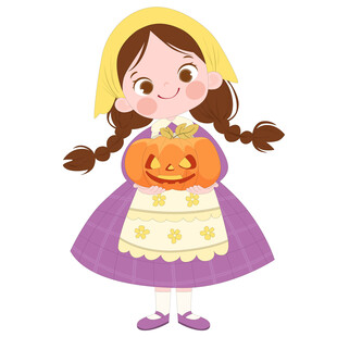 卡通可爱穿泡泡裙女孩拿着南瓜灯
