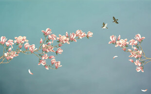 新中式工笔花鸟手绘玉兰花背景墙