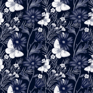蓝底白花植物图案纹理数码印花蝴