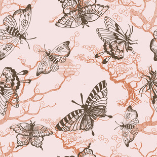 蝴蝶纷飞于花枝图案四方连续