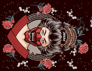 复古风格女子花卉插画