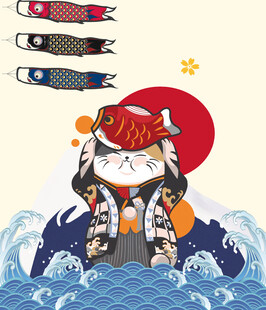 招财猫与日式元素插画