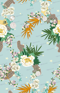 蓝底花卉动物图案设计