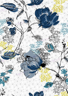 手绘水墨蓝黄花卉图案背景纹理