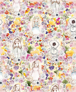 梦幻花卉猫咪图案背景