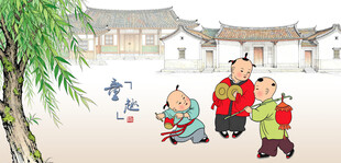 古村孩童嬉戏欢乐场景