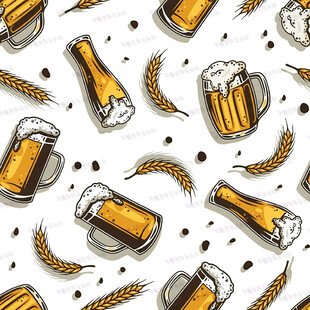 啤酒杯与麦穗无缝图案