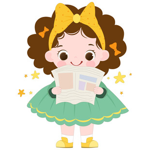 卡通穿泡泡裙戴蝴蝶结女孩读报纸