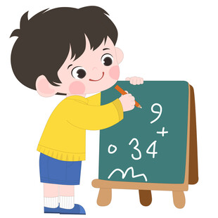 卡通数学课男孩黑板上写算式插画