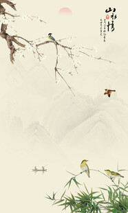 新中式玉兰花鸟画背景墙壁画